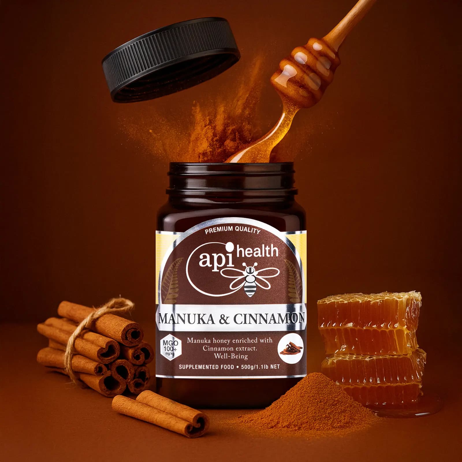 A jar of ApiHealth functional Manuka honey with cinnamon bark extract