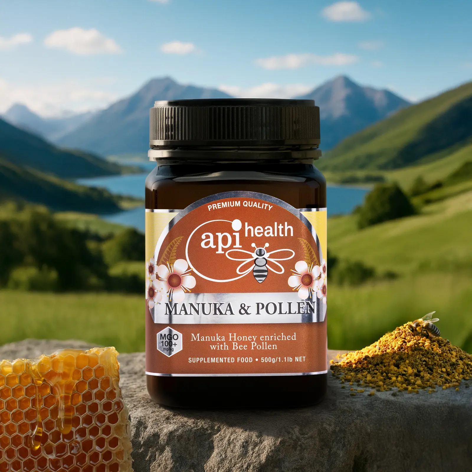 A jar of ApiHealth functional Manuka honey with bee pollen