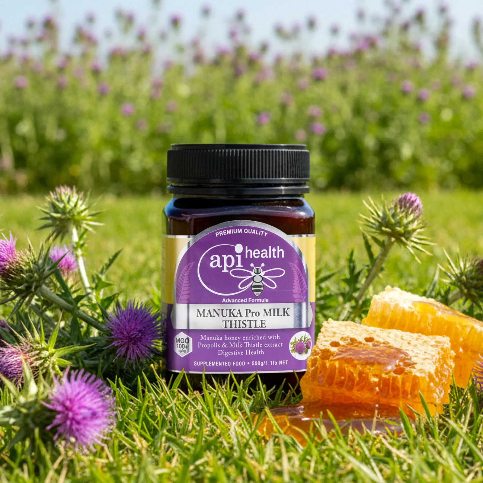 A jar of ApiHealth Manuka ProMilk Thistle honey
