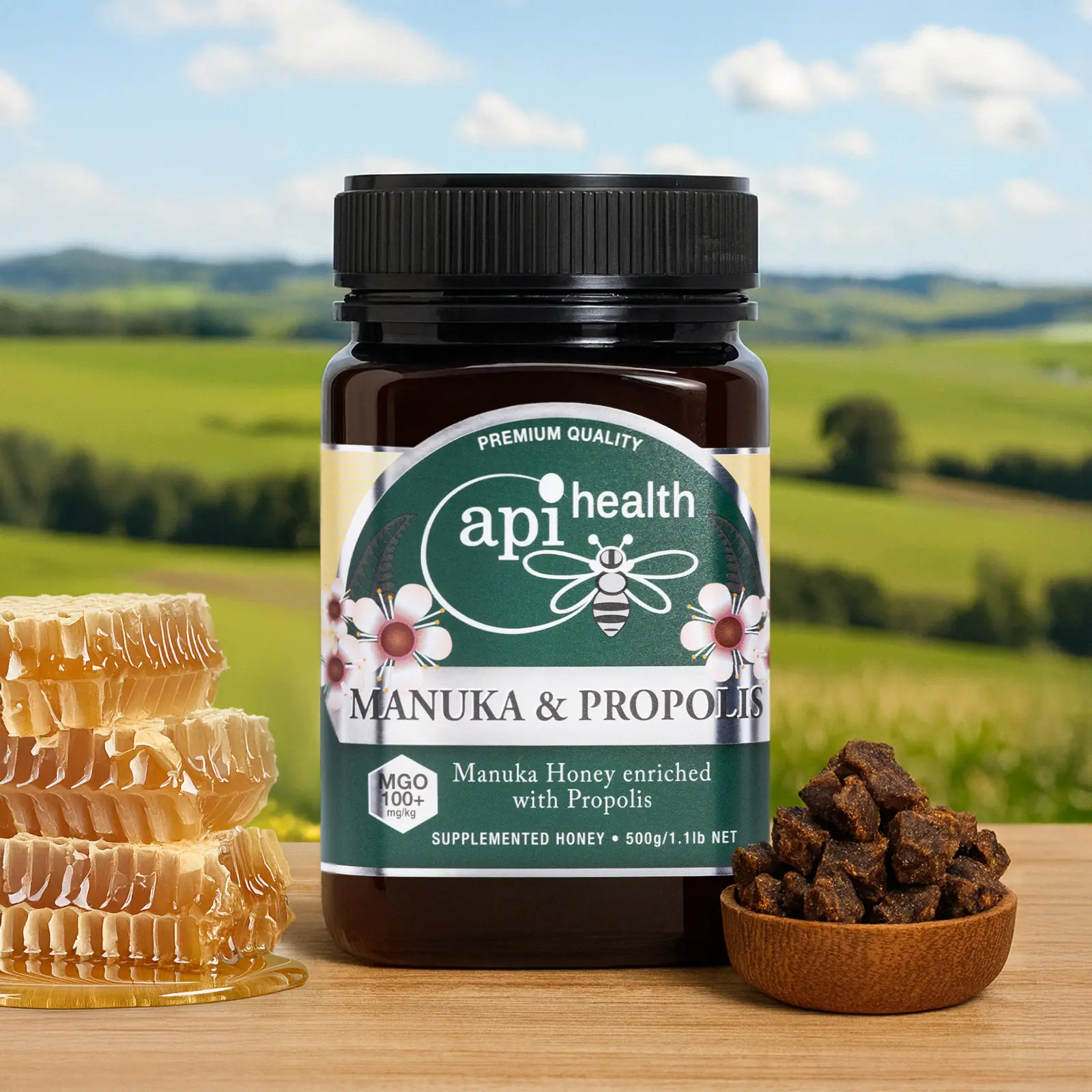 A jar of ApiHealth functional Manuka honey with propolis