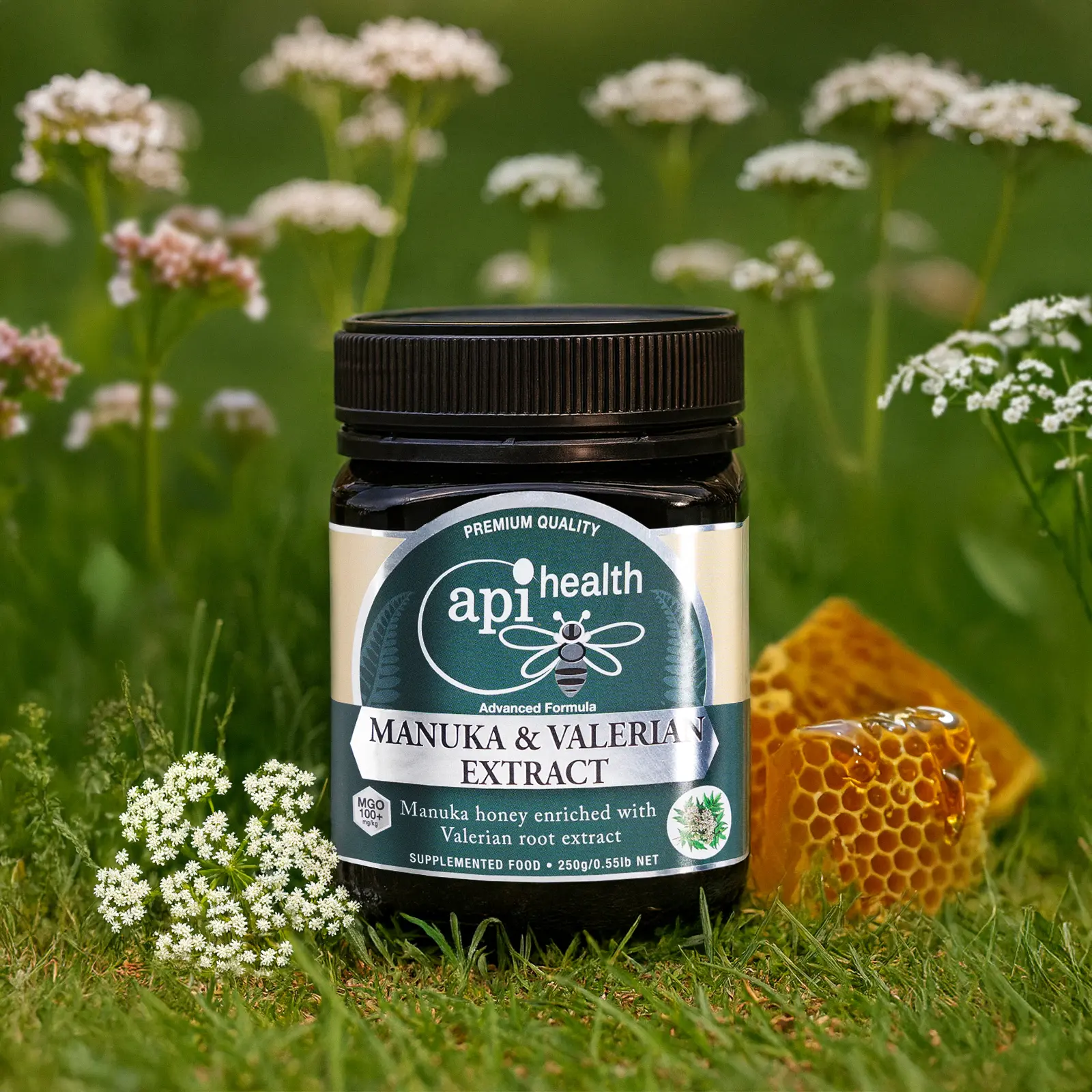 A jar of ApiHealth functional Manuka honey with valerian root extract
