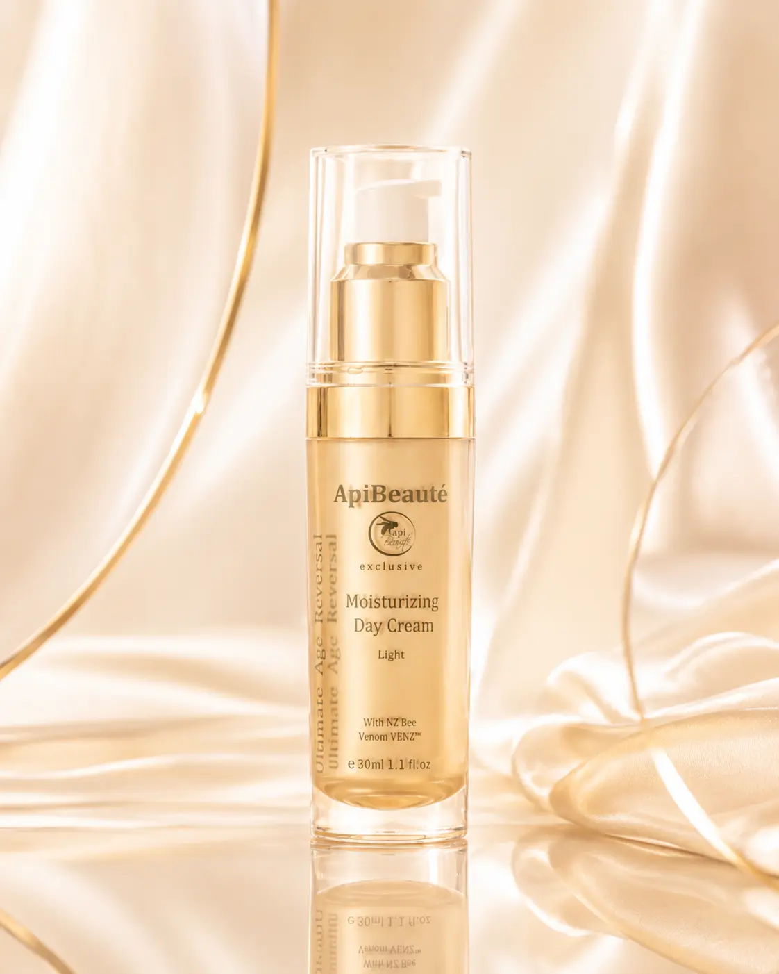 ApiBeaute Moisturizing Day Cream bottle on golden silk background