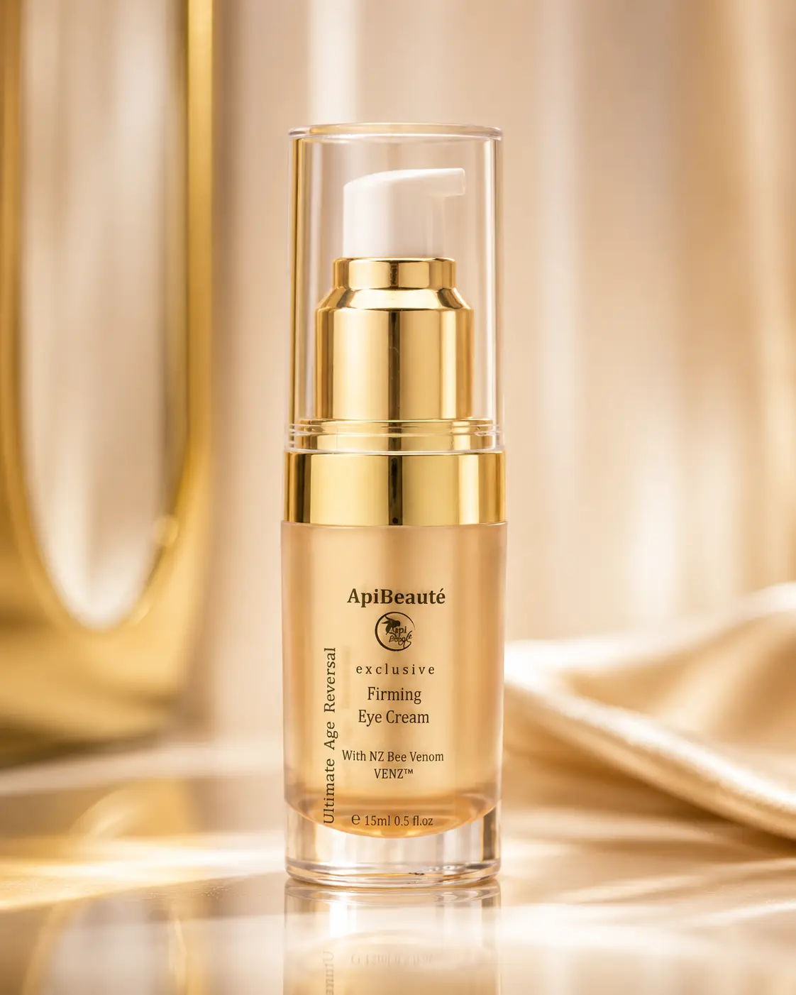 ApiBeaute Firming Eye Cream bottle with golden backdrop