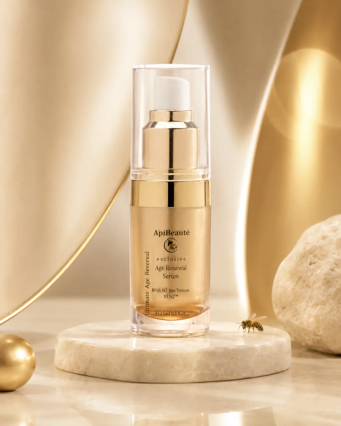ApiBeaute Age Renewal Serum bottle on marble with silk backdrop