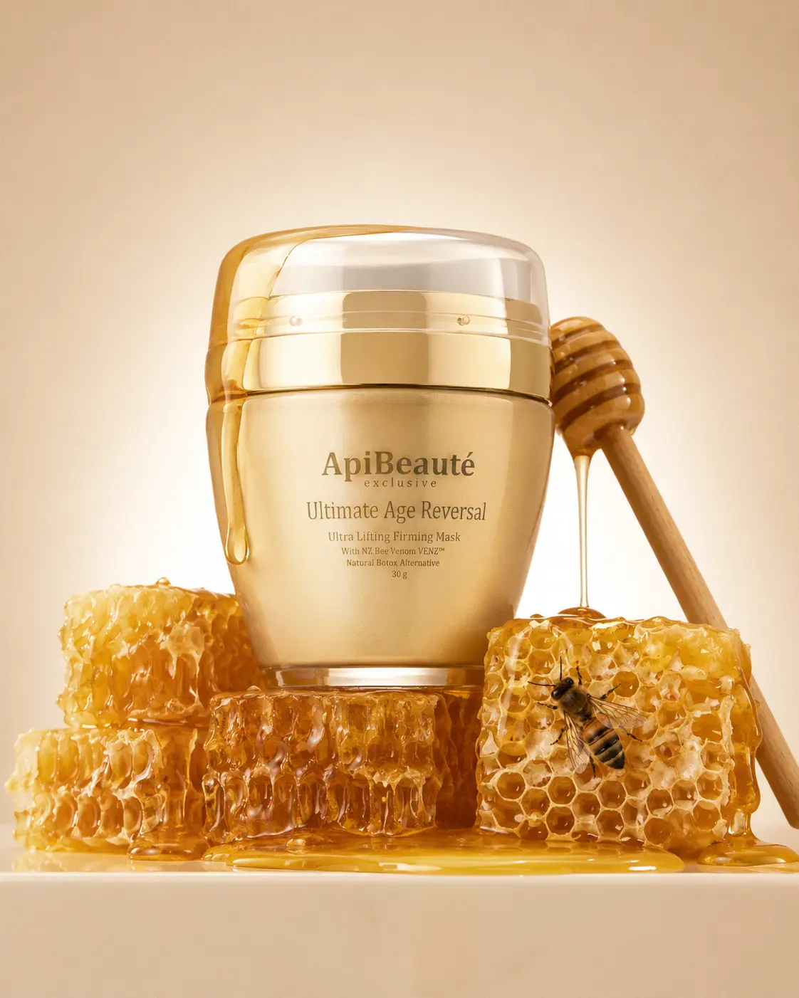 ApiBeaute Ultra Lifting Firming Mask jar surrounded by honeycomb