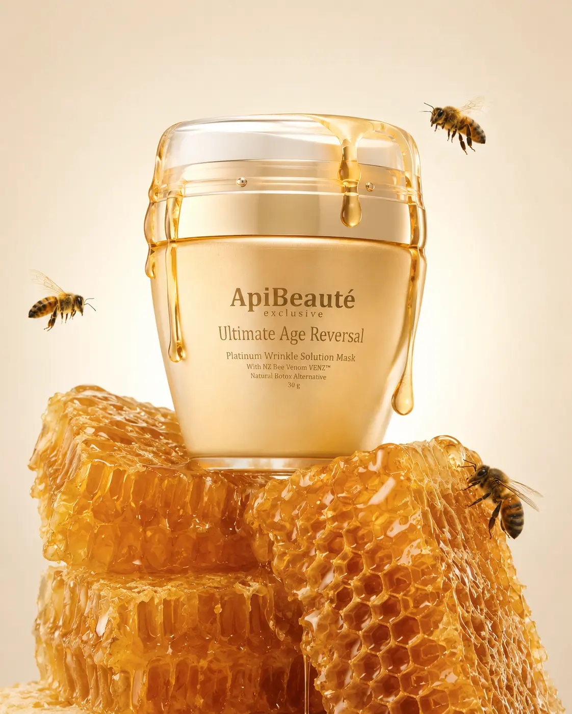 ApiBeaute Platinum Wrinkle Solution Mask jar on stone pedestal